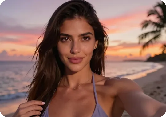 Novia IA haciéndose un selfie al atardecer en la playa
